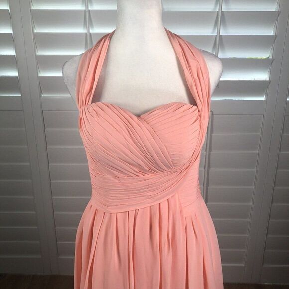 Peach Chiffon Cocktail Dress 6 Bridesmaid Homecoming Pleated Bodice Halter - Picture 2 of 11